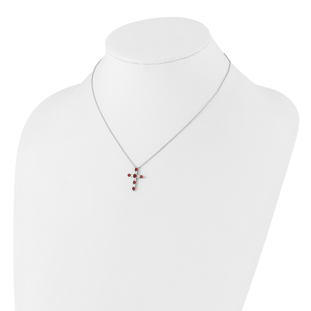 SS RH-plated Red CZ January Birthstone Cross w/2in ext Necklace (QBPD36JAN)