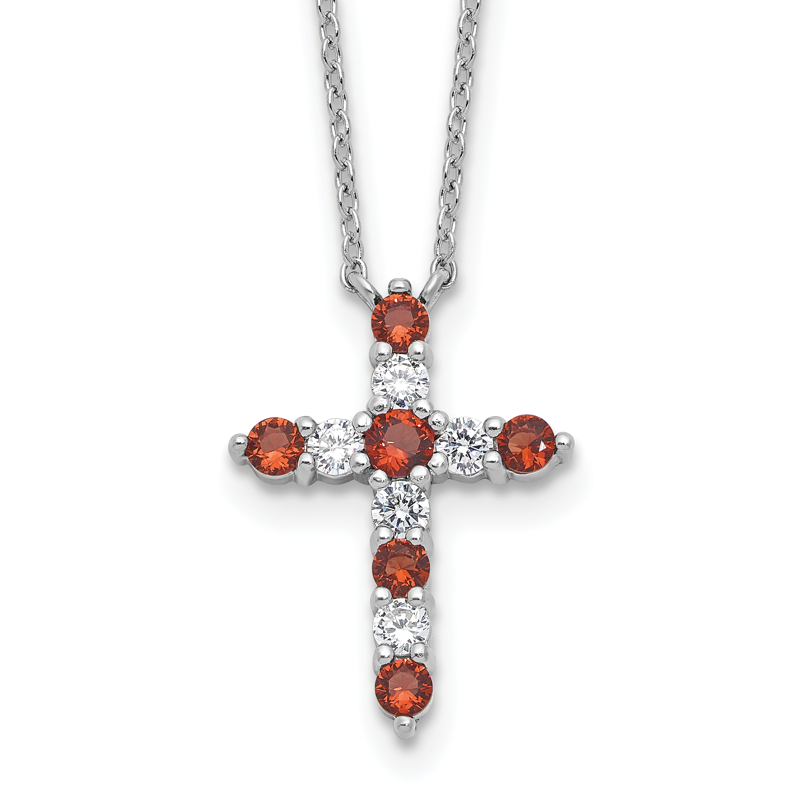 SS RH-plated Red CZ January Birthstone Cross w/2in ext Necklace (QBPD36JAN)