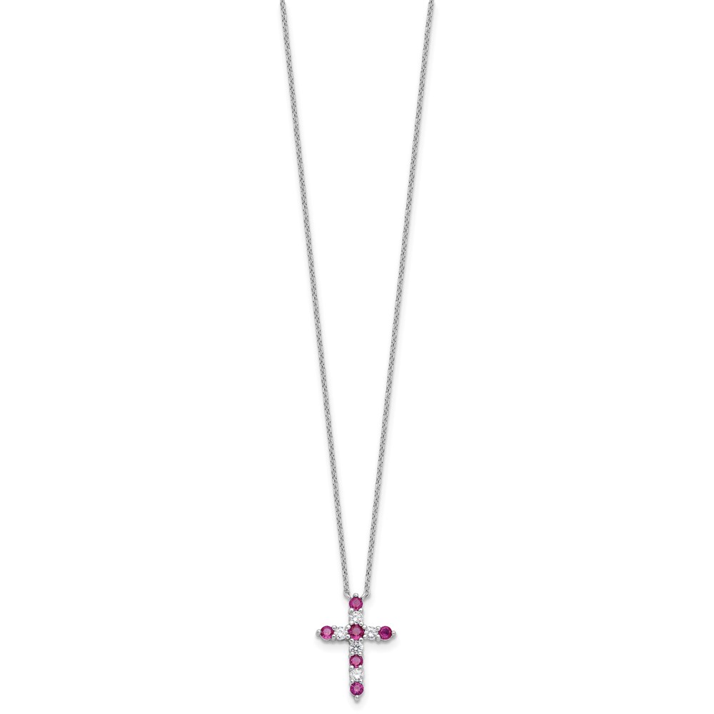 SS RH-plated Dark Pink CZ July Birthstone Cross w/2in ext Necklace (QBPD36JUL)