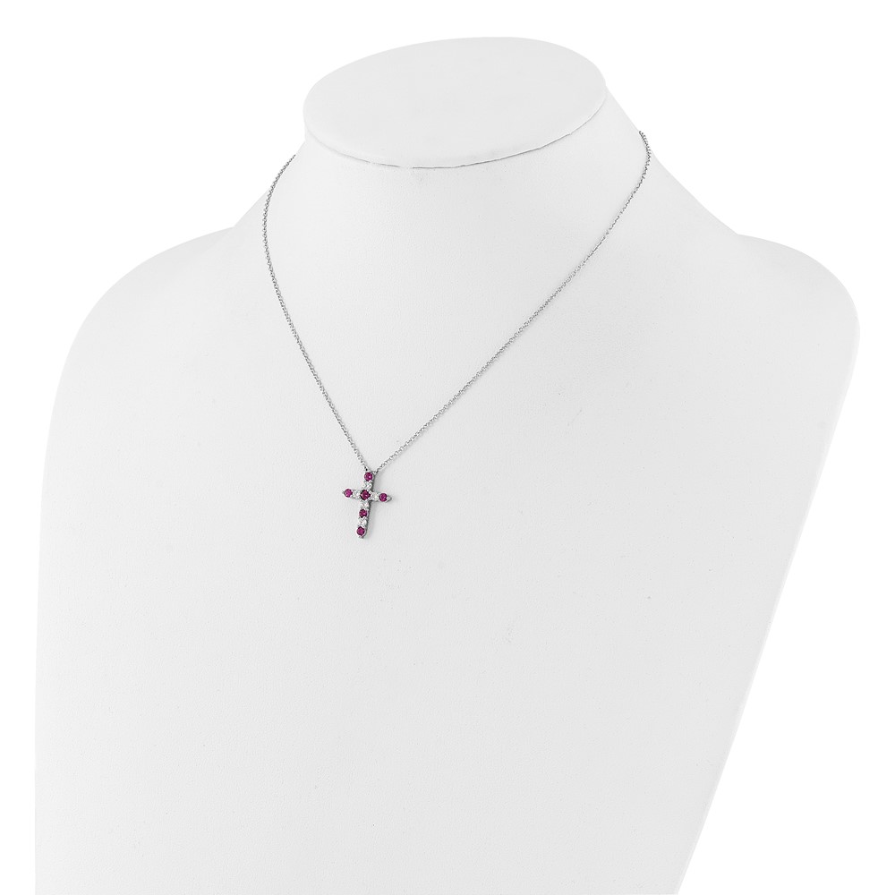 SS RH-plated Dark Pink CZ July Birthstone Cross w/2in ext Necklace (QBPD36JUL)
