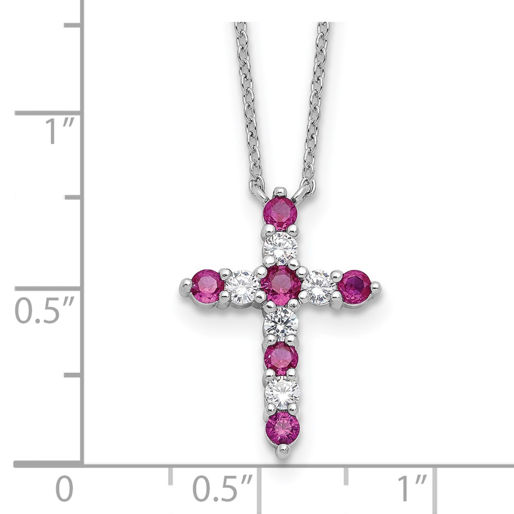 SS RH-plated Dark Pink CZ July Birthstone Cross w/2in ext Necklace (QBPD36JUL)