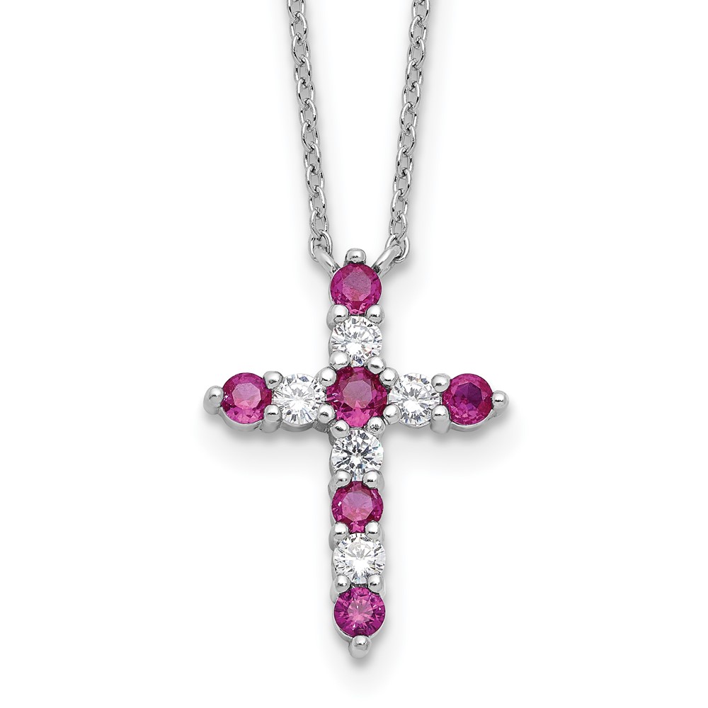 SS RH-plated Dark Pink CZ July Birthstone Cross w/2in ext Necklace (QBPD36JUL)