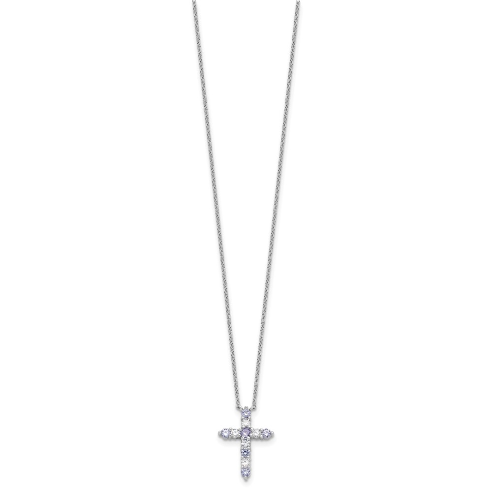 SS RH-plated Lt Purple CZ June Birthstone Cross w/2in ext Necklace (QBPD36JUN)
