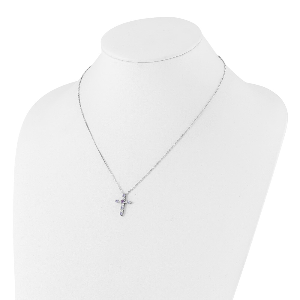 SS RH-plated Lt Purple CZ June Birthstone Cross w/2in ext Necklace (QBPD36JUN)