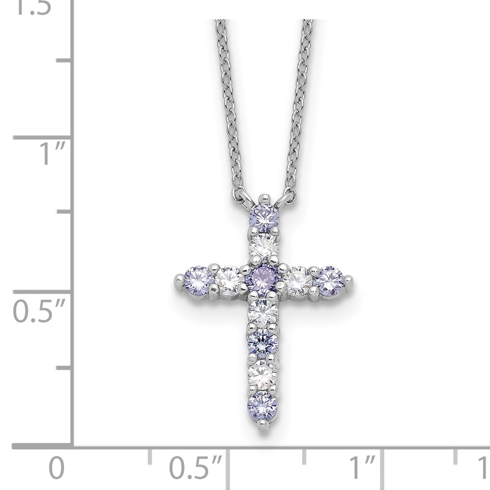 SS RH-plated Lt Purple CZ June Birthstone Cross w/2in ext Necklace (QBPD36JUN)