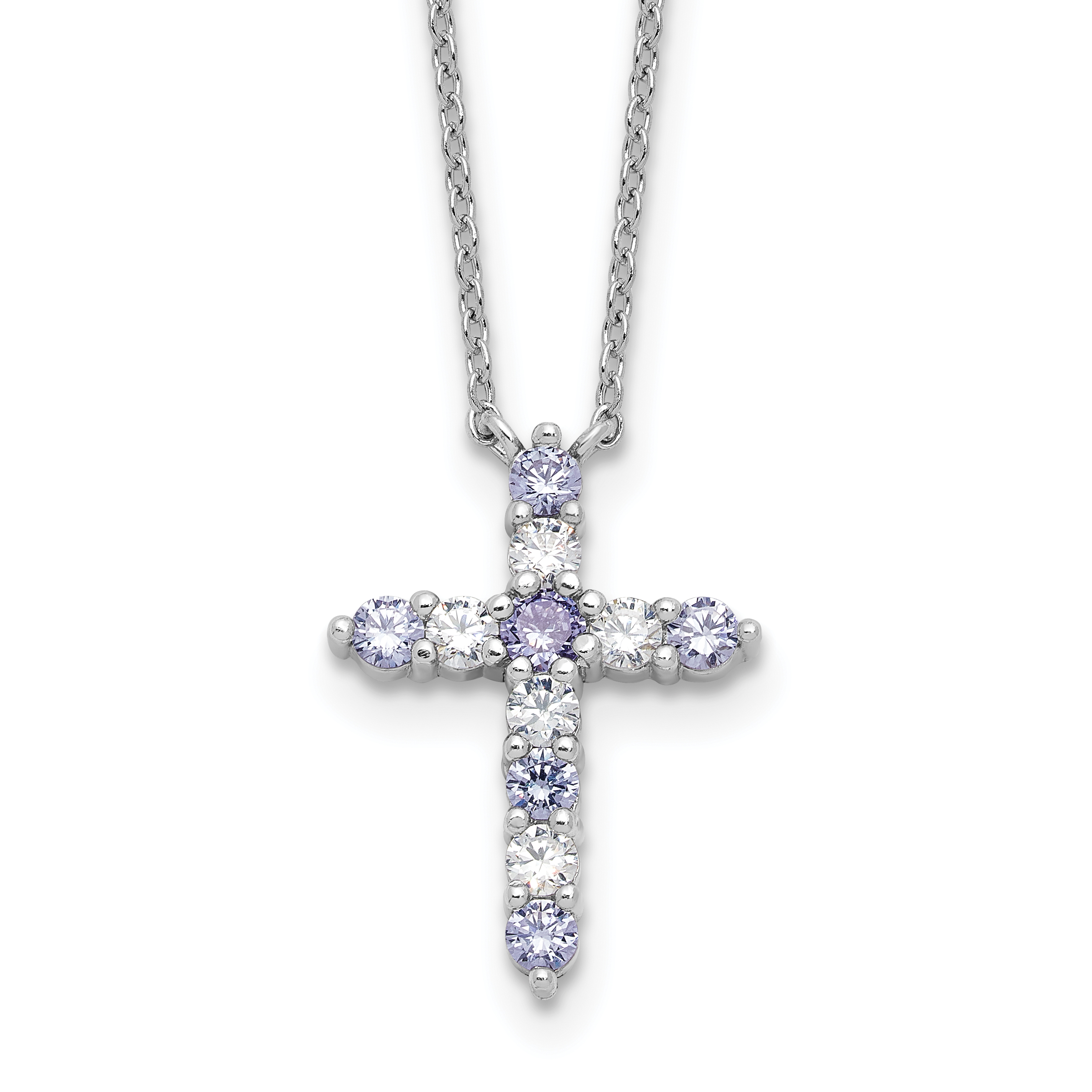 SS RH-plated Lt Purple CZ June Birthstone Cross w/2in ext Necklace (QBPD36JUN)