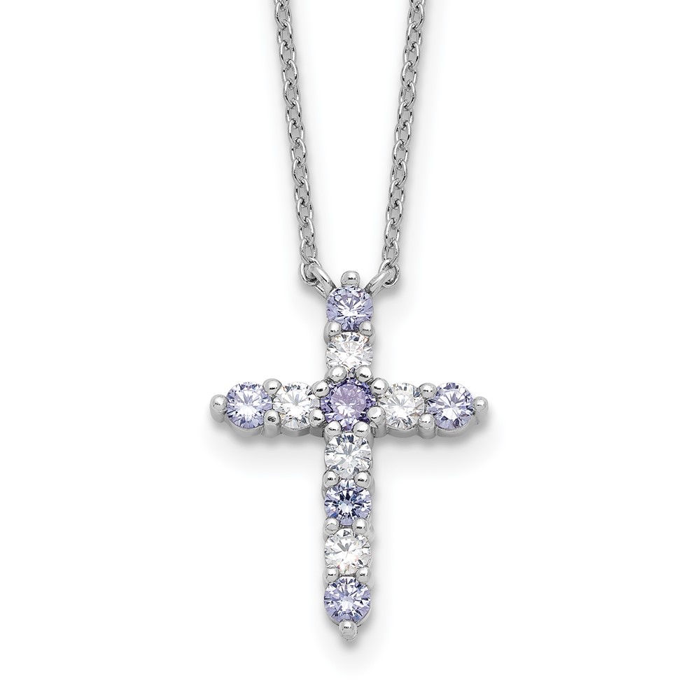 SS RH-plated Lt Purple CZ June Birthstone Cross w/2in ext Necklace (QBPD36JUN)