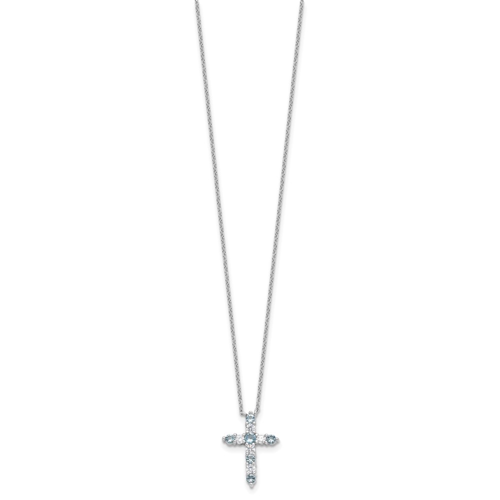 SS RH-plated Lt Blue CZ March Birthstone Cross w/2in ext Necklace (QBPD36MAR)