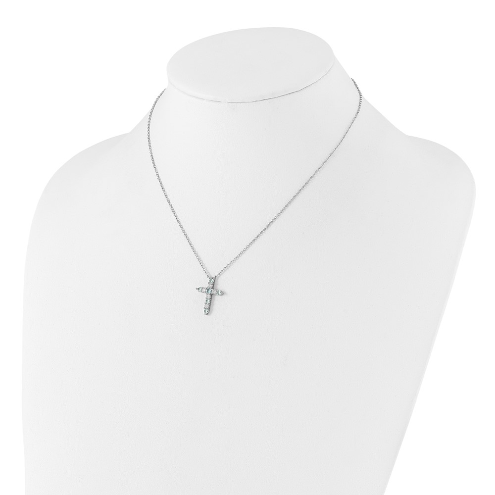 SS RH-plated Lt Blue CZ March Birthstone Cross w/2in ext Necklace (QBPD36MAR)