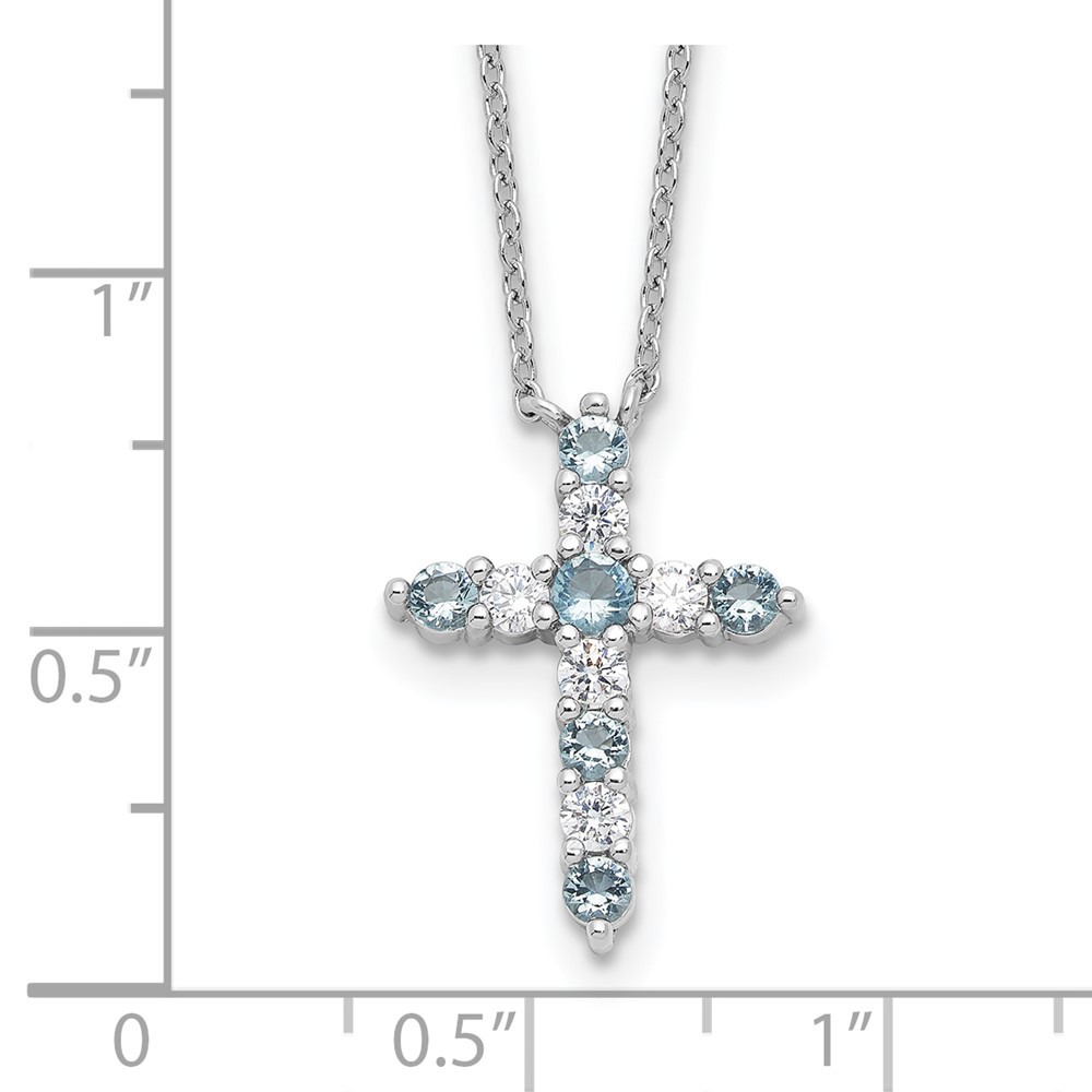 SS RH-plated Lt Blue CZ March Birthstone Cross w/2in ext Necklace (QBPD36MAR)