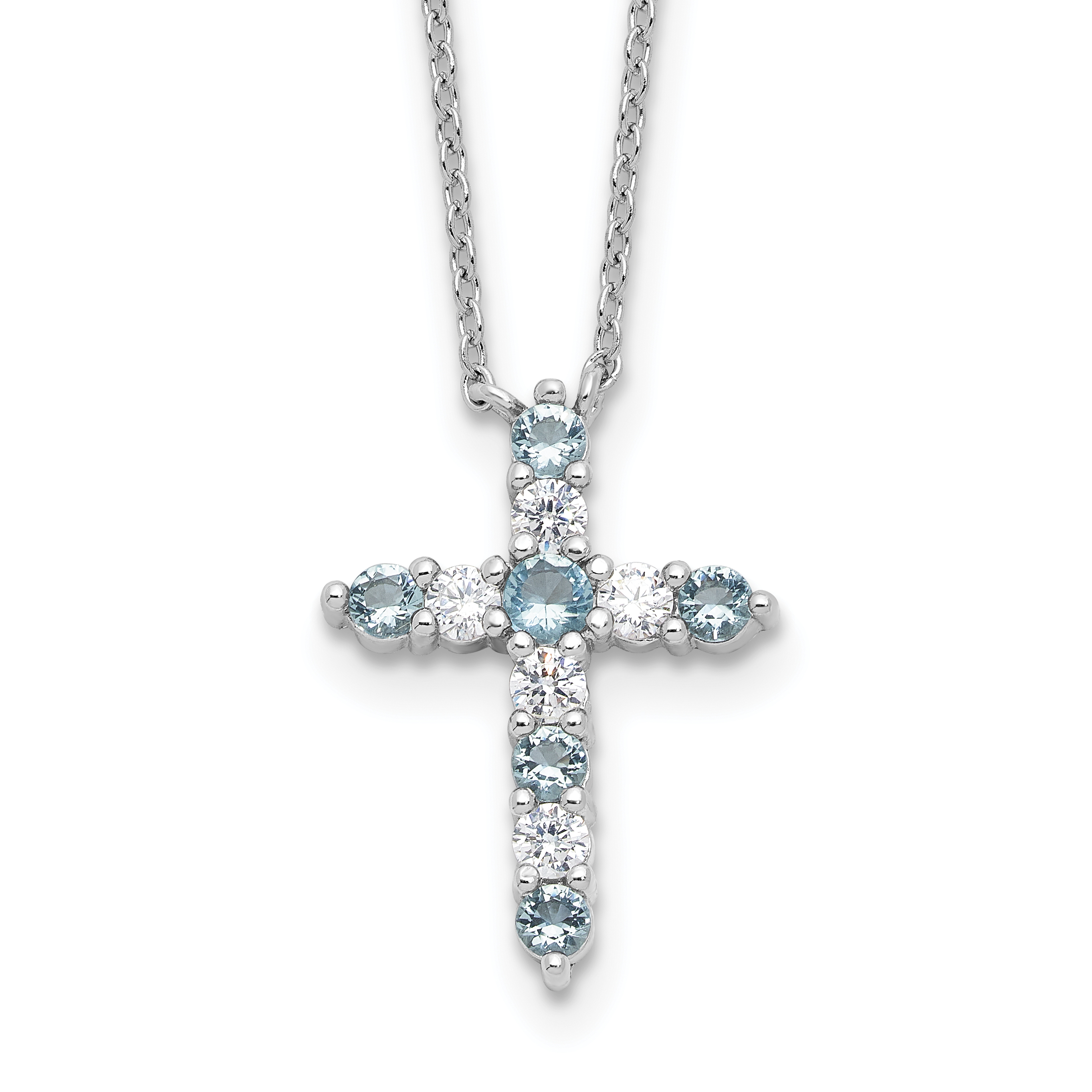 SS RH-plated Lt Blue CZ March Birthstone Cross w/2in ext Necklace (QBPD36MAR)