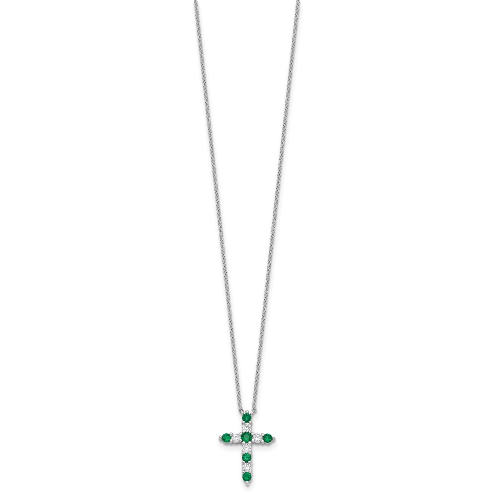 SS RH-plated Green CZ May Birthstone Cross w/2in ext Necklace (QBPD36MAY)