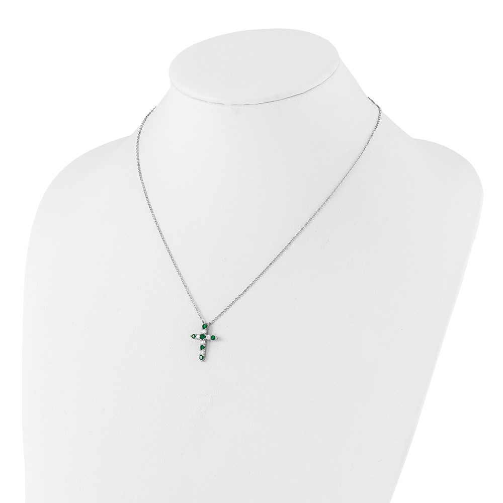 SS RH-plated Green CZ May Birthstone Cross w/2in ext Necklace (QBPD36MAY)