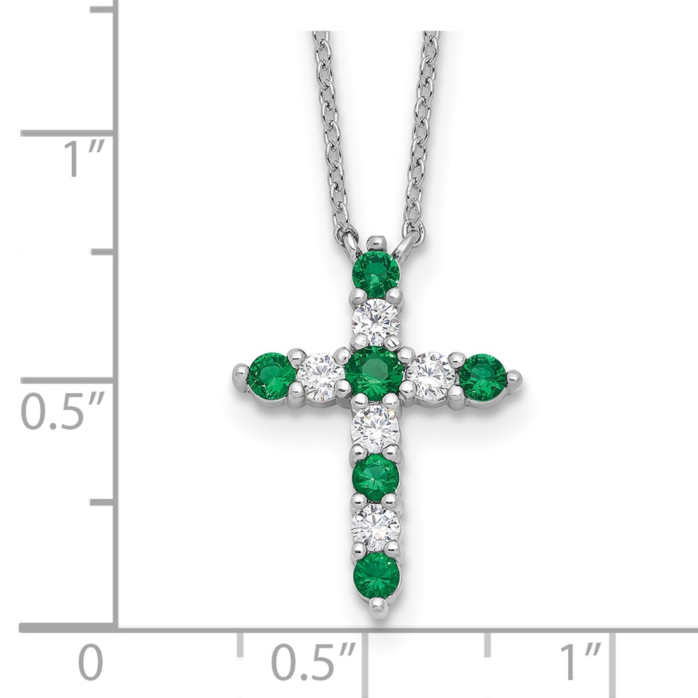 SS RH-plated Green CZ May Birthstone Cross w/2in ext Necklace (QBPD36MAY)