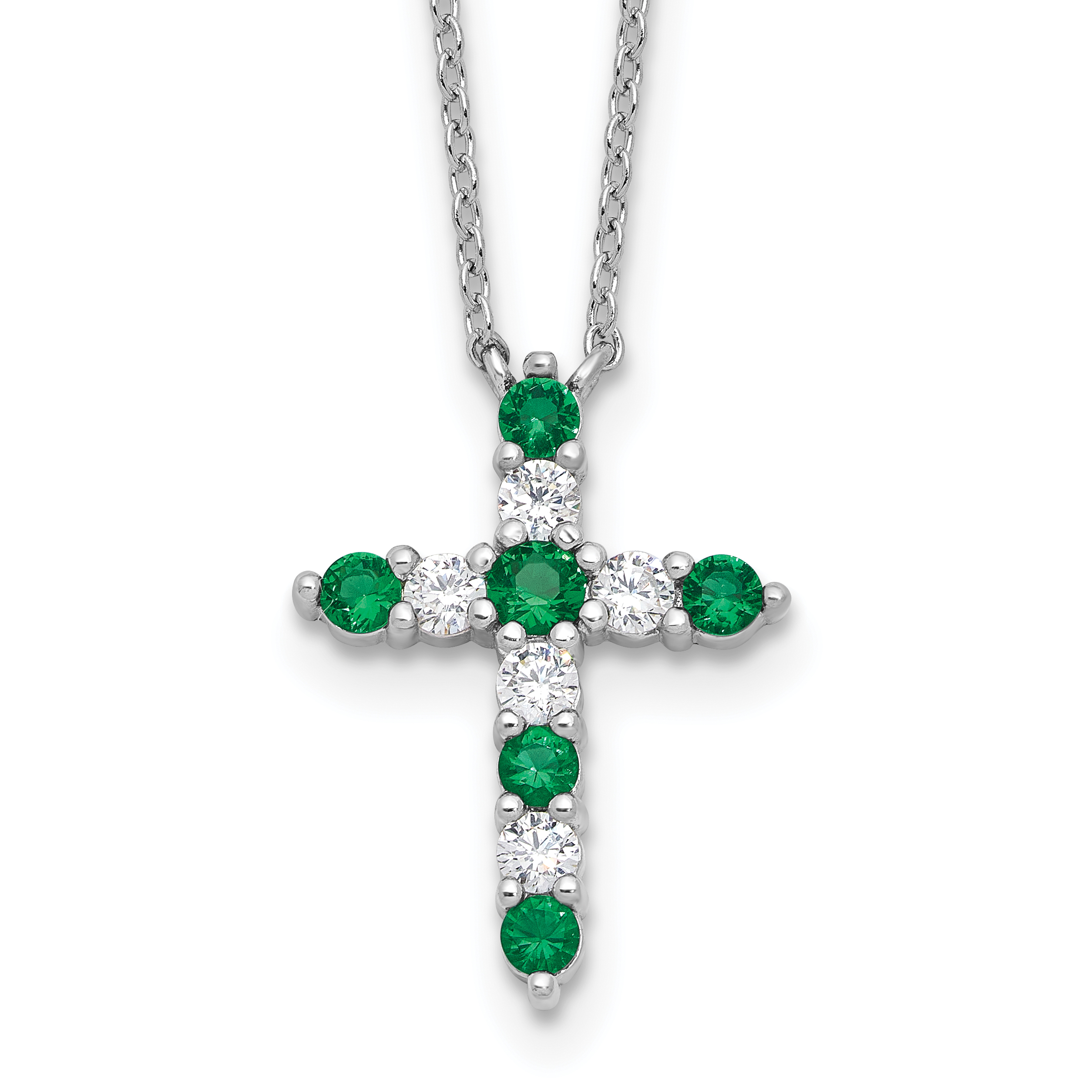 SS RH-plated Green CZ May Birthstone Cross w/2in ext Necklace (QBPD36MAY)