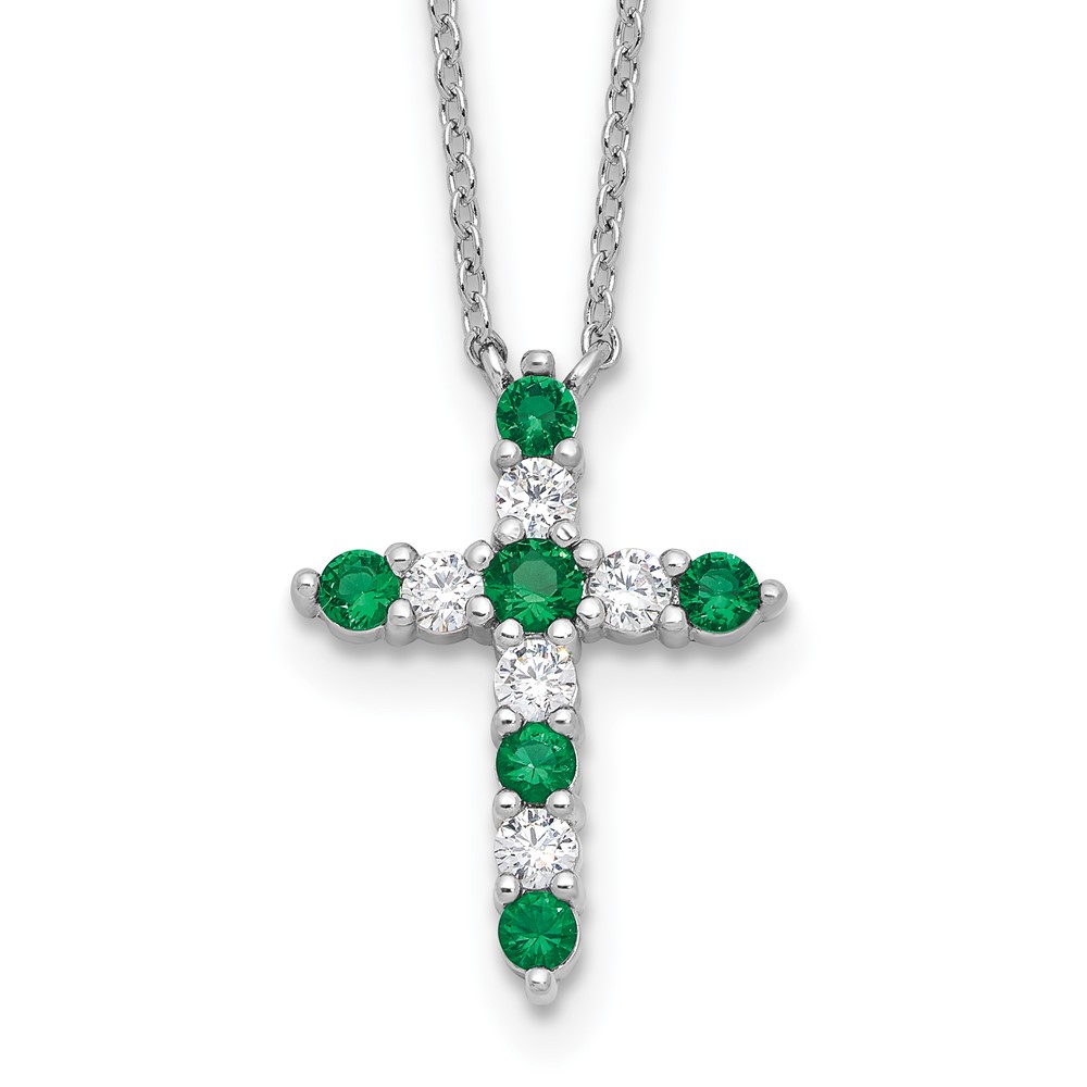 SS RH-plated Green CZ May Birthstone Cross w/2in ext Necklace (QBPD36MAY)