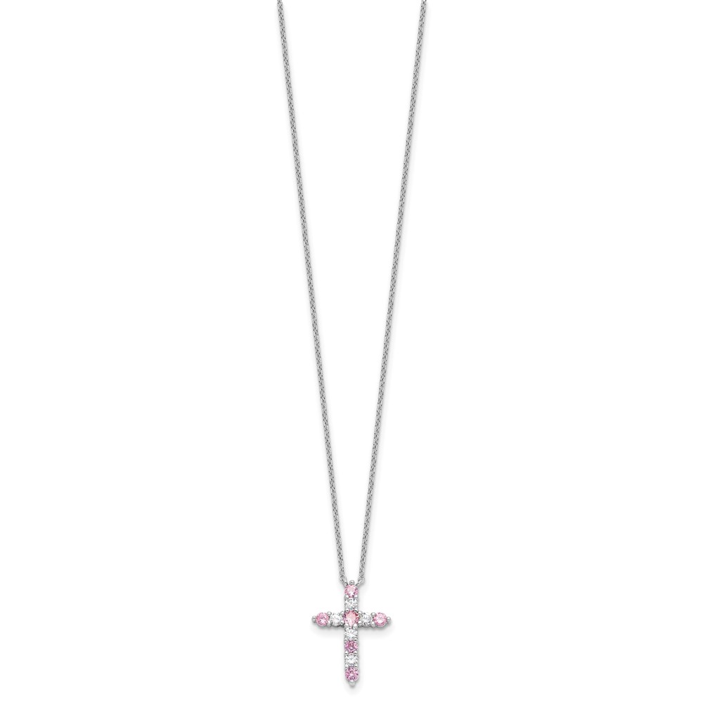 SS RH-plated Pink CZ October Birthstone Cross w/2in ext Necklace (QBPD36OCT)