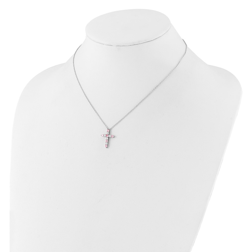 SS RH-plated Pink CZ October Birthstone Cross w/2in ext Necklace (QBPD36OCT)