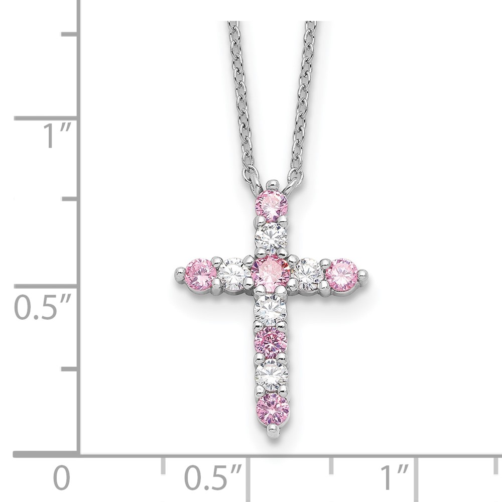 SS RH-plated Pink CZ October Birthstone Cross w/2in ext Necklace (QBPD36OCT)