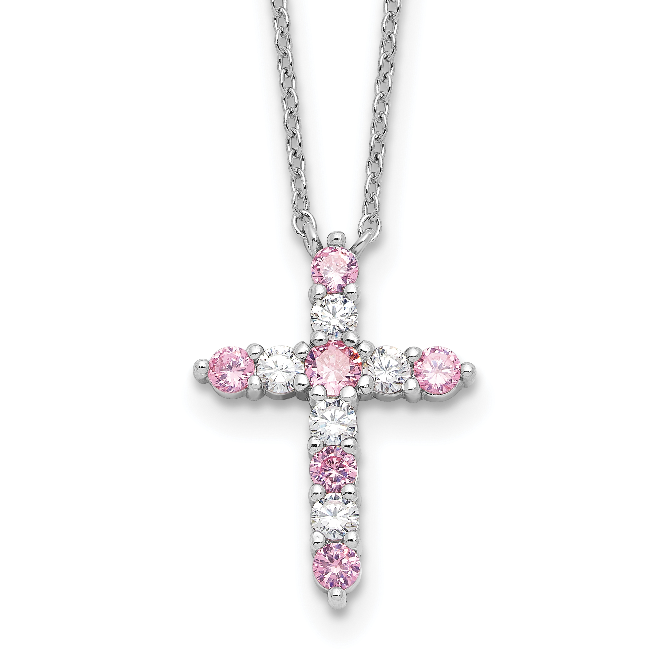 SS RH-plated Pink CZ October Birthstone Cross w/2in ext Necklace (QBPD36OCT)