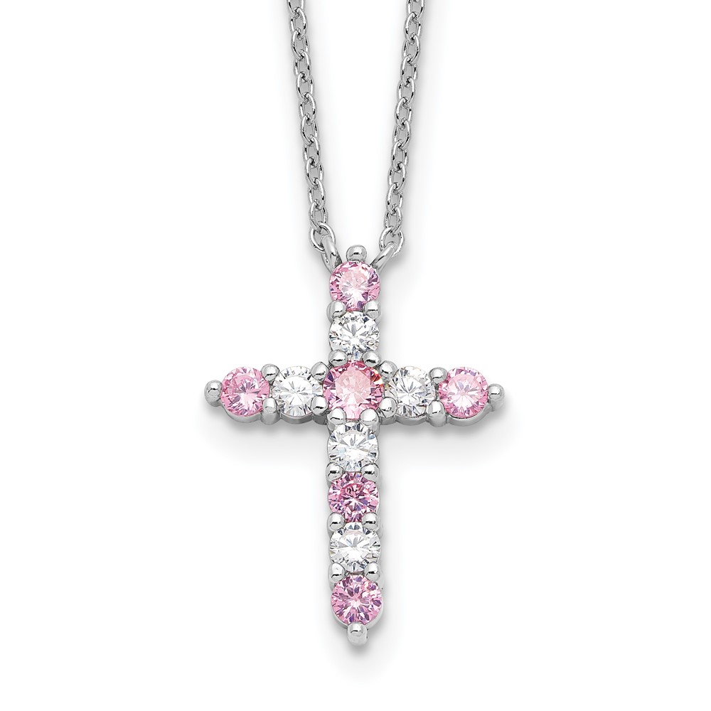 SS RH-plated Pink CZ October Birthstone Cross w/2in ext Necklace (QBPD36OCT)