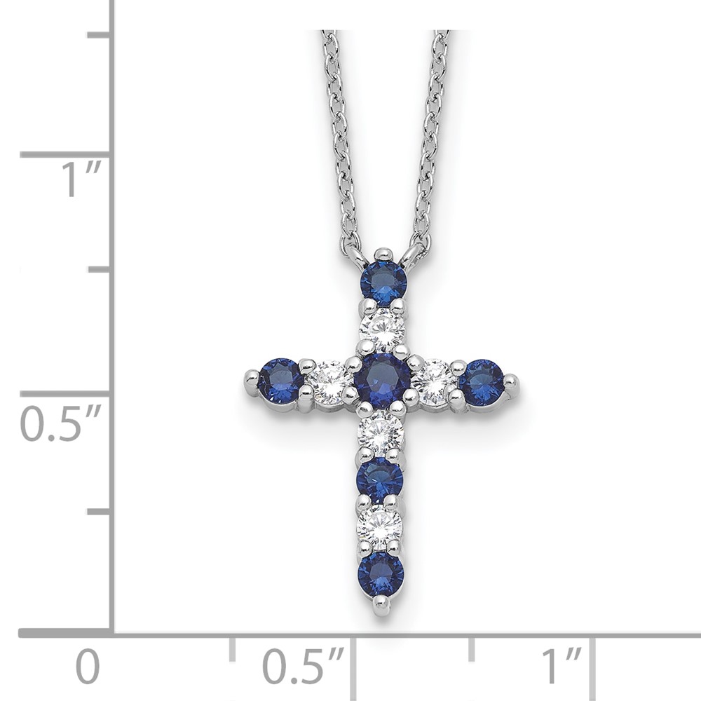 SS RH-plated Dark Blue CZ Sept Birthstone Cross w/2in ext Necklace (QBPD36SEP)