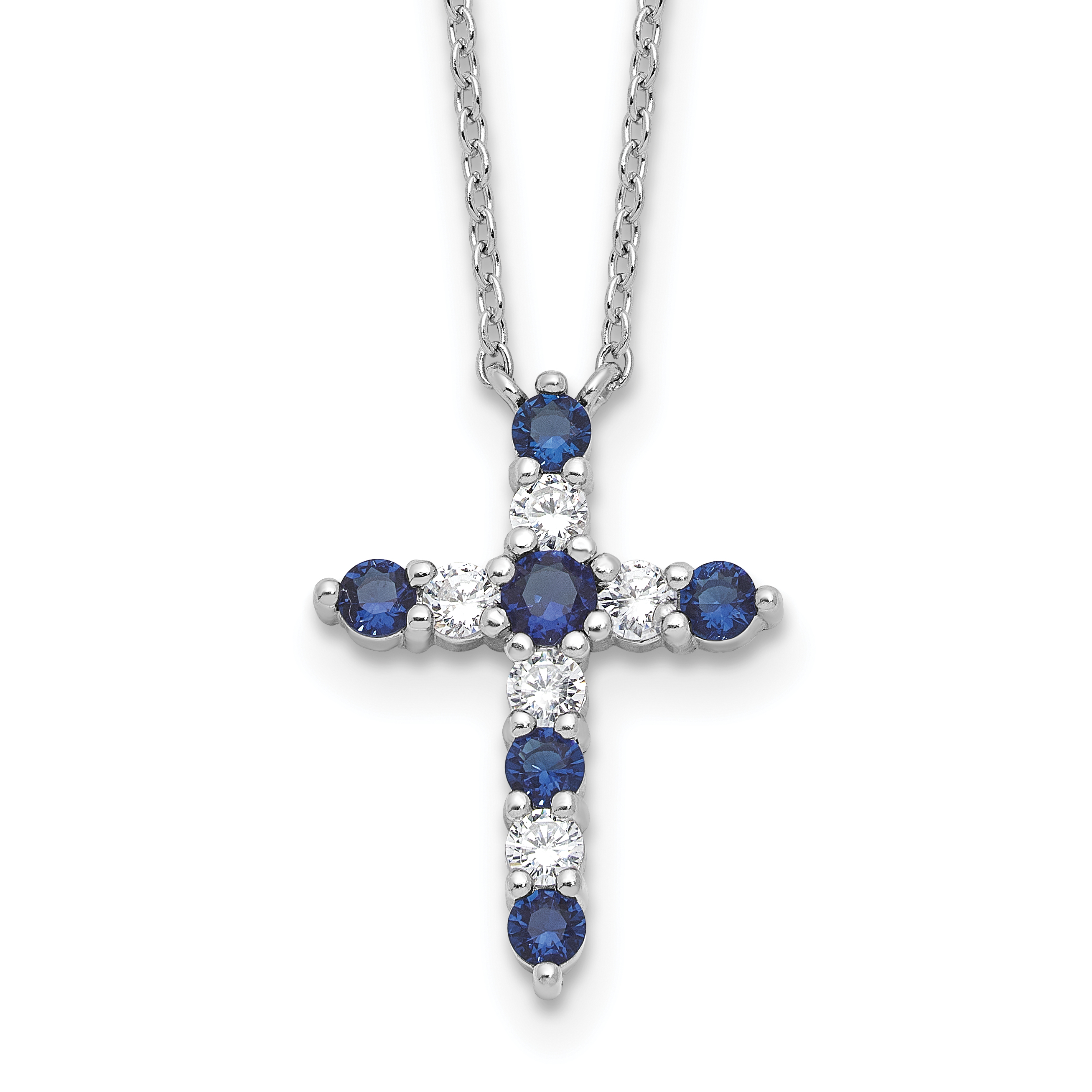 SS RH-plated Dark Blue CZ Sept Birthstone Cross w/2in ext Necklace (QBPD36SEP)