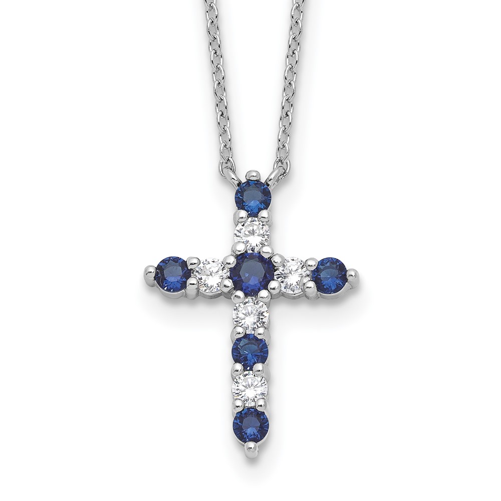 SS RH-plated Dark Blue CZ Sept Birthstone Cross w/2in ext Necklace (QBPD36SEP)