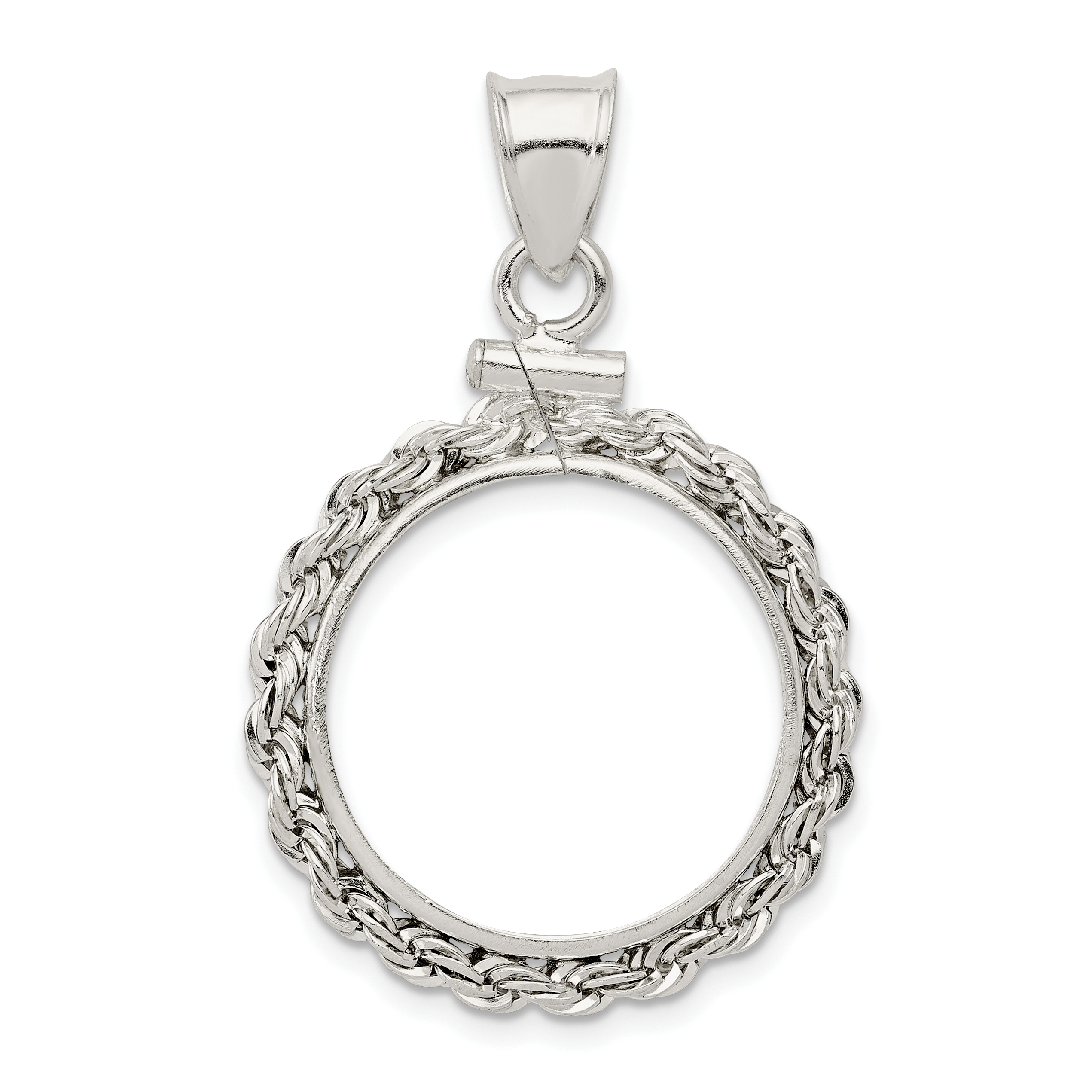 Wideband Distinguished Coin Jewelry Sterling Silver Polished Rope 19.1 x 1.5mm $0.01 Screw Top Coin Bezel Pendant (QBR1)