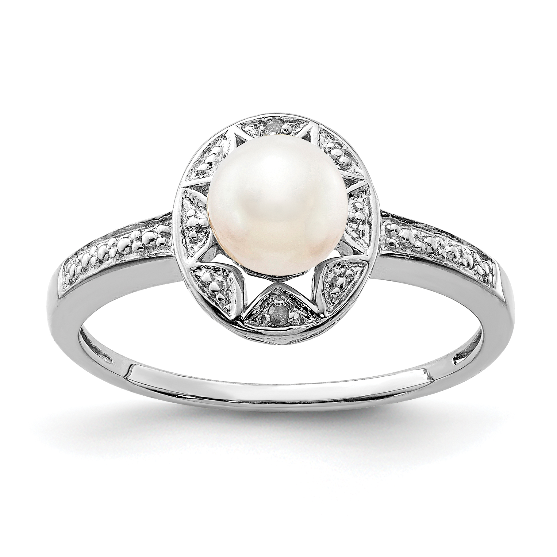 Sterling Silver Rhodium-plated Diam. & FW Cultured Pearl Ring (QBR10JUN-9)