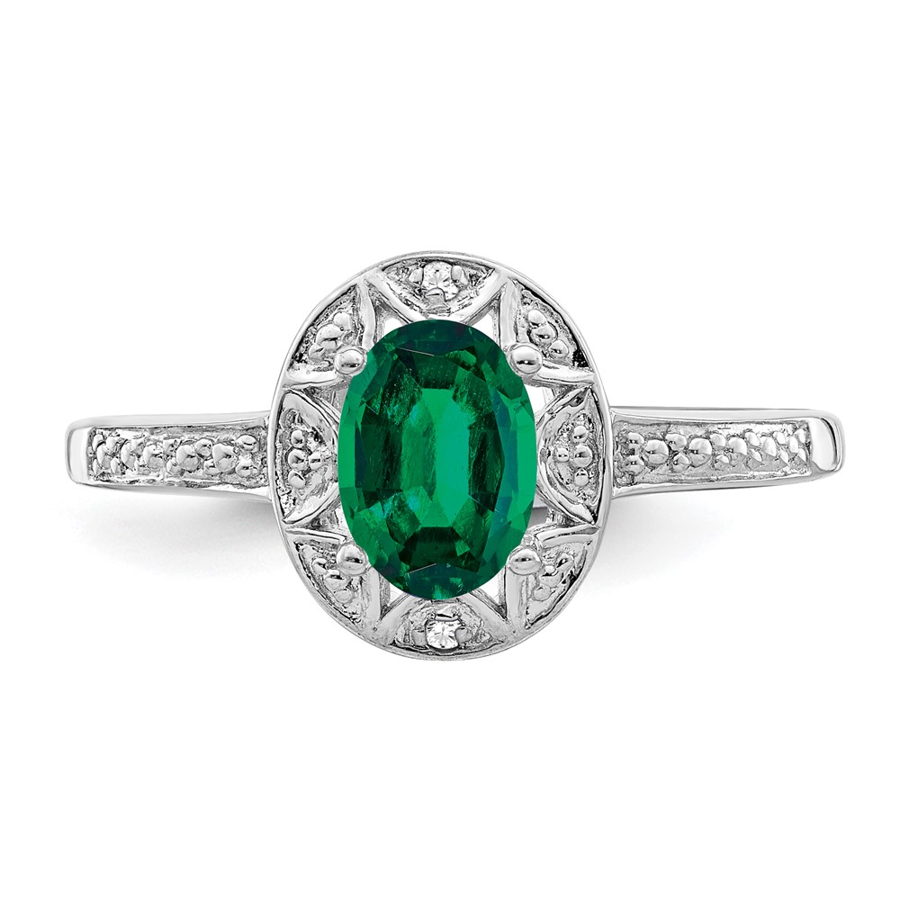 Sterling Silver Rhodium-plated Diam. & Created Emerald Ring (QBR10MAY-10)