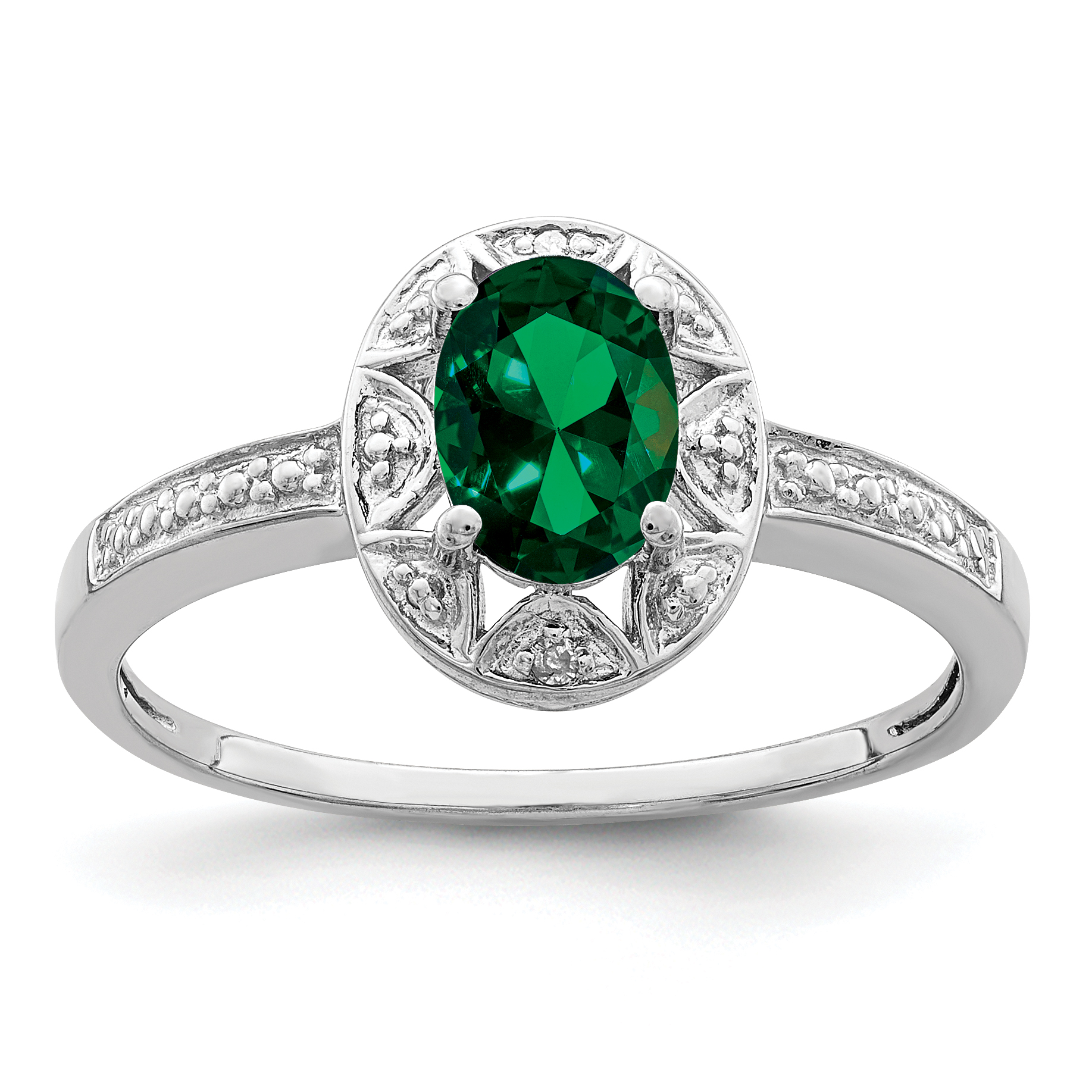 Sterling Silver Rhodium-plated Diam. & Created Emerald Ring (QBR10MAY-10)