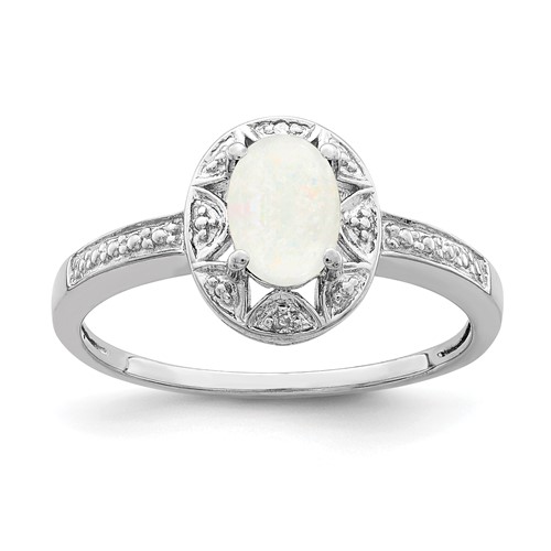 Sterling Silver Rhodium-plated Diam. & Created Opal Ring