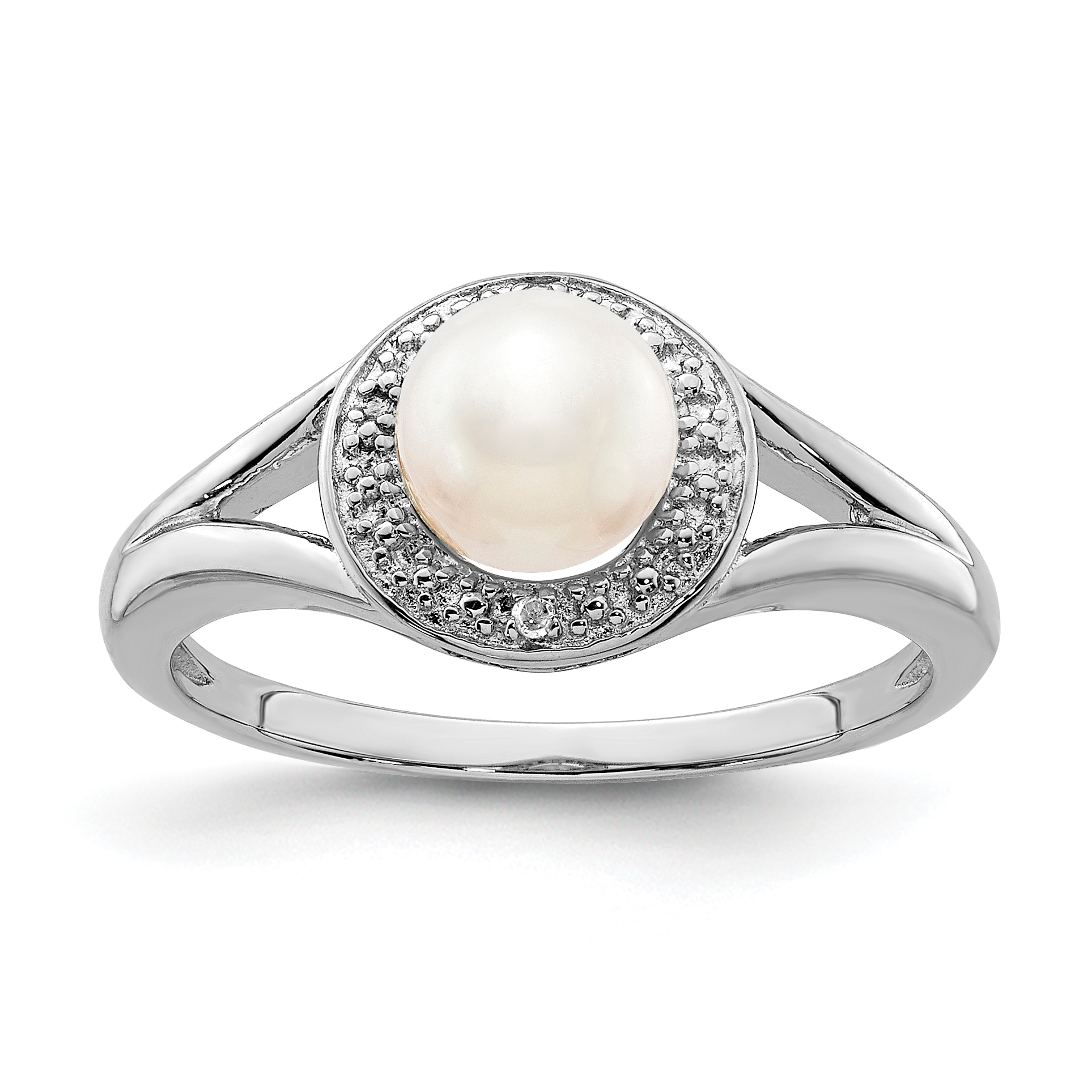 Sterling Silver Rhodium-plated Diam. & FW Cultured Pearl Ring (QBR11JUN-5)