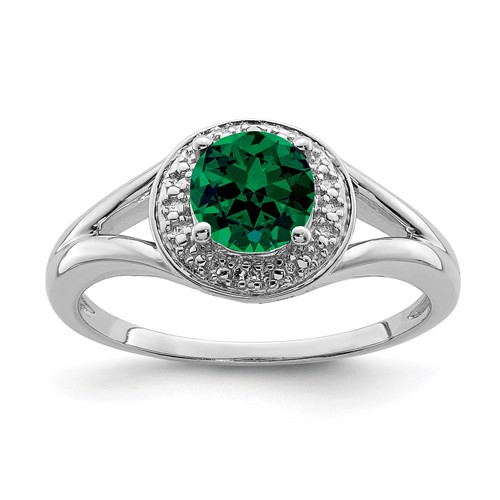 Sterling Silver Rhodium-plated Diam. & Created Emerald Ring
