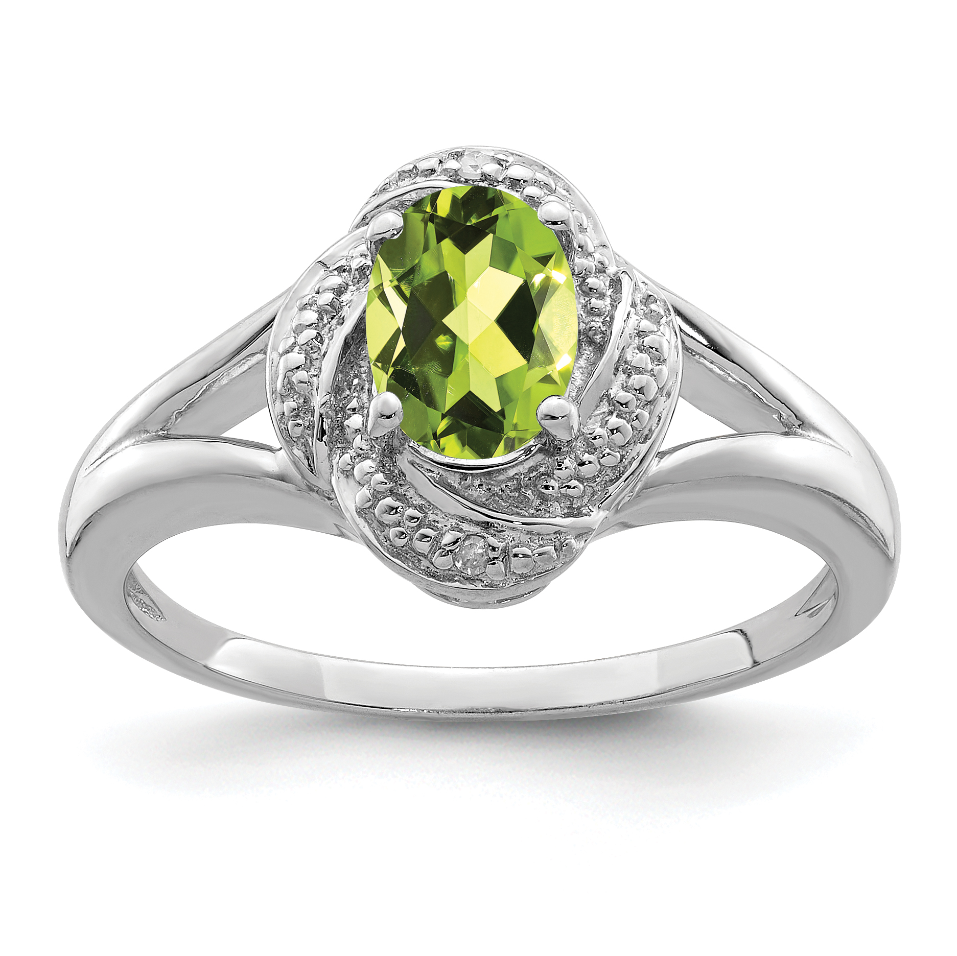 Sterling Silver Rhodium-plated Diam. & Peridot Ring (QBR12AUG-6)