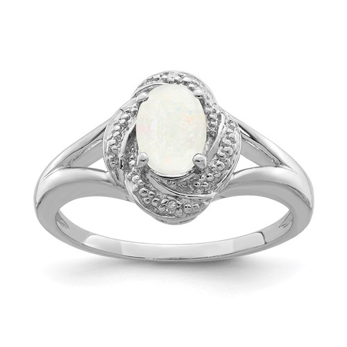 Sterling Silver Rhodium-plated Diam. & Created Opal Ring