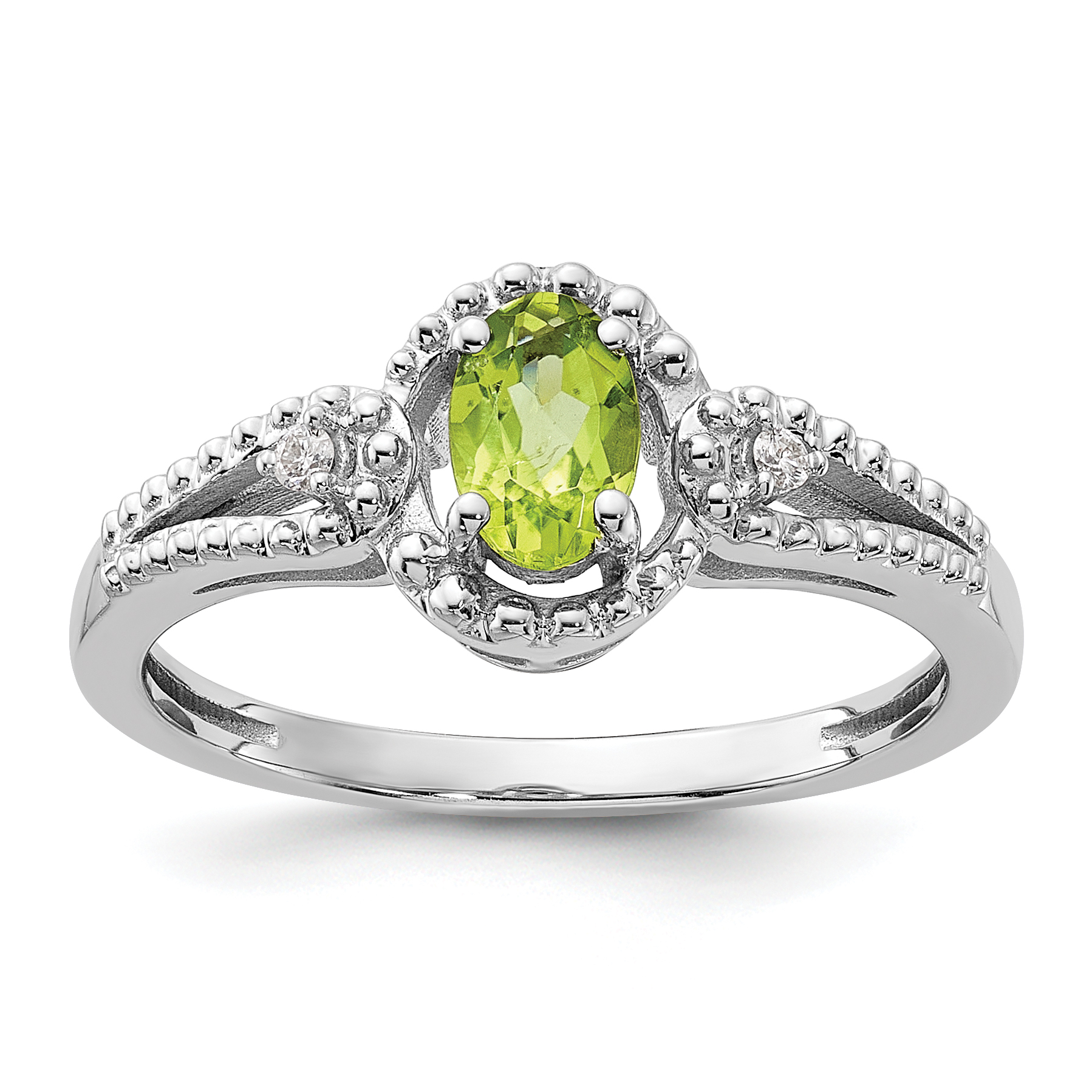 Sterling Silver Rhodium-plated Peridot & Diam. Ring (QBR16AUG-10)