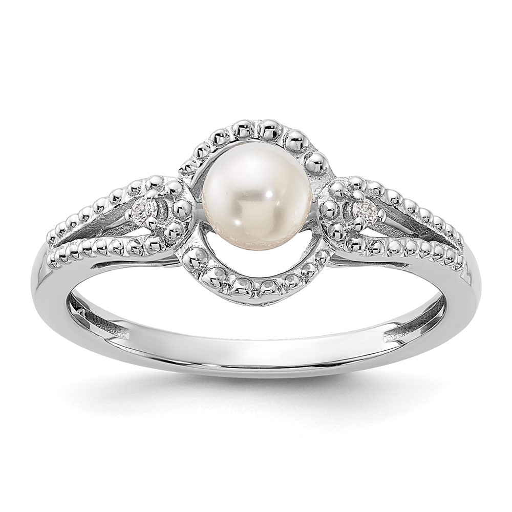 Sterling Silver Rhodium-plated FW Cultured Pearl & Diam. Ring (QBR16JUN-6)