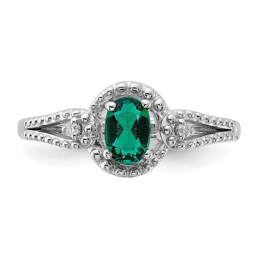 Sterling Silver Rhodium-plated Created Emerald & Diam. Ring (QBR16MAY-7)