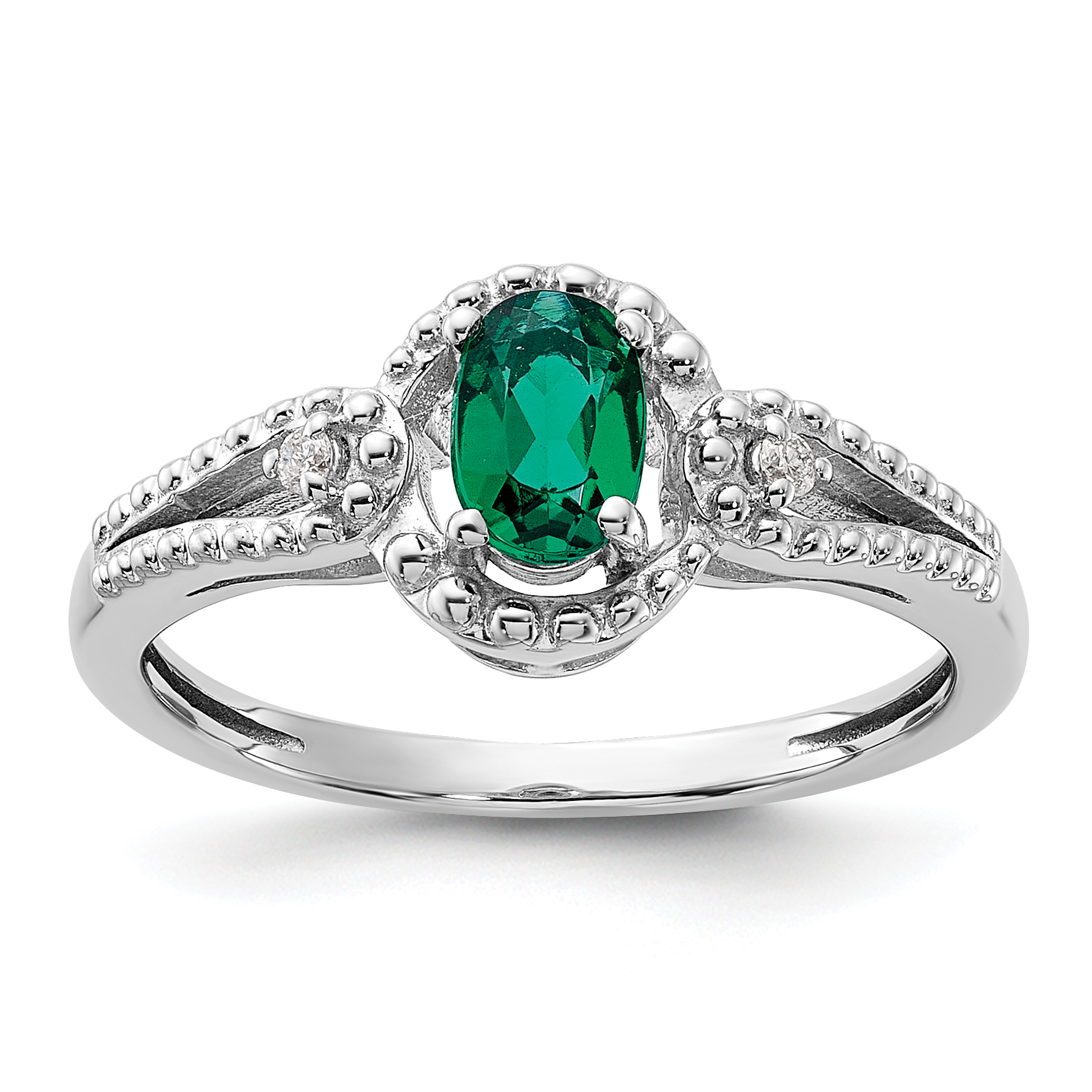 Sterling Silver Rhodium-plated Created Emerald & Diam. Ring (QBR16MAY-10)