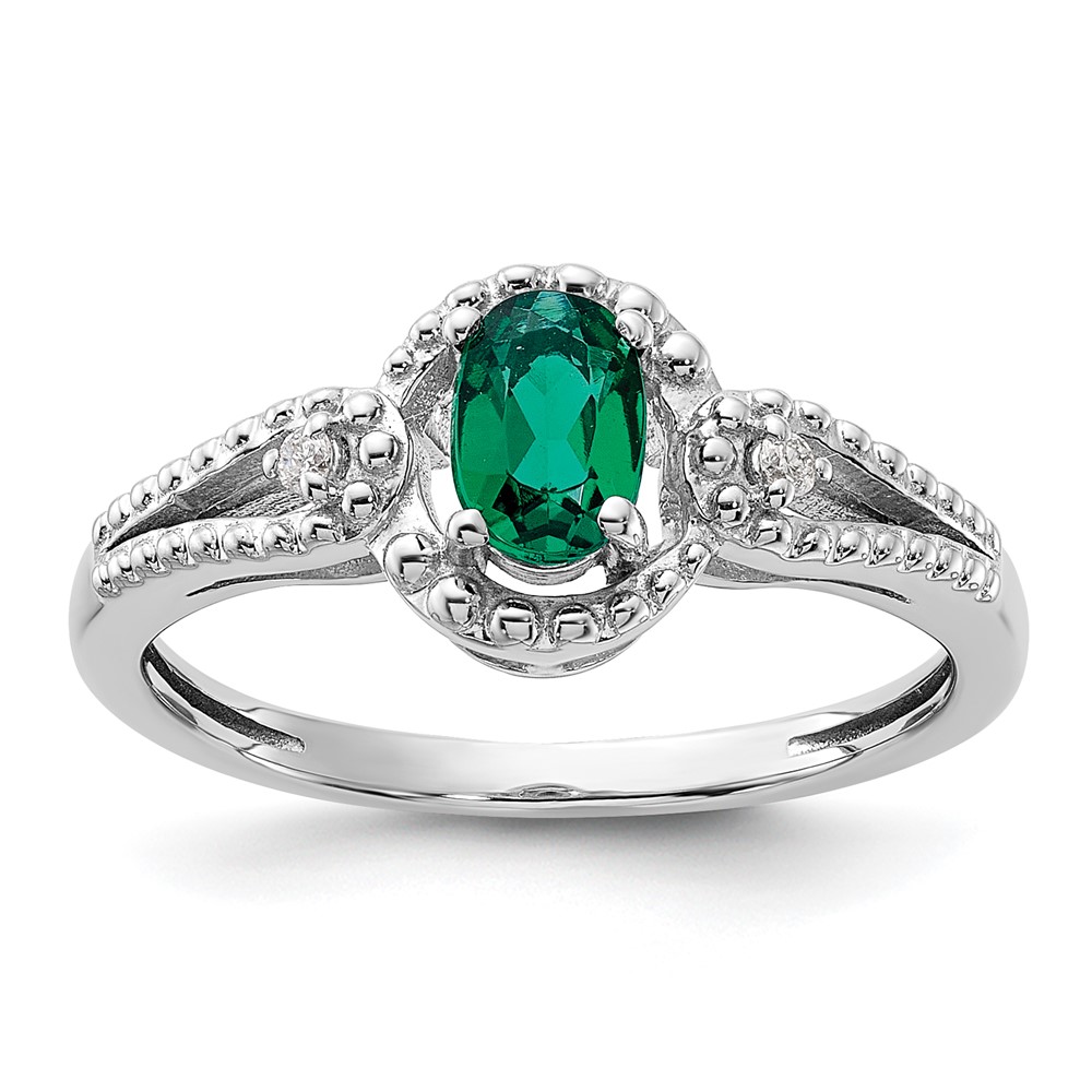 Sterling Silver Rhodium-plated Created Emerald & Diam. Ring (QBR16MAY-10)