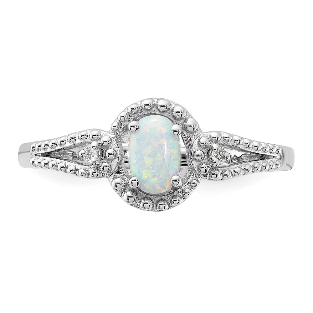 Sterling Silver Rhodium-plated Created Opal & Diam. Ring (QBR16OCT-10)