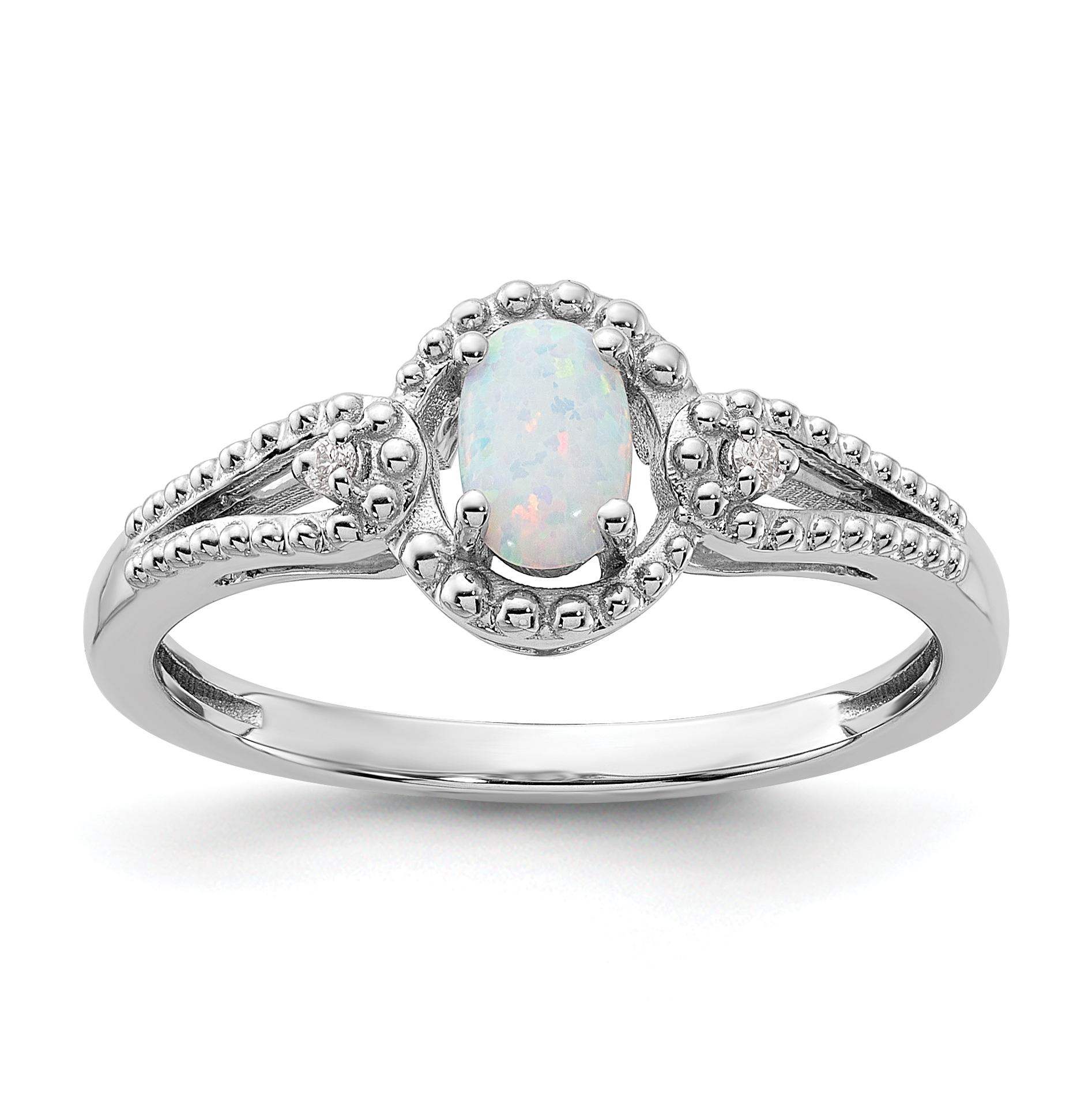 Sterling Silver Rhodium-plated Created Opal & Diam. Ring (QBR16OCT-10)