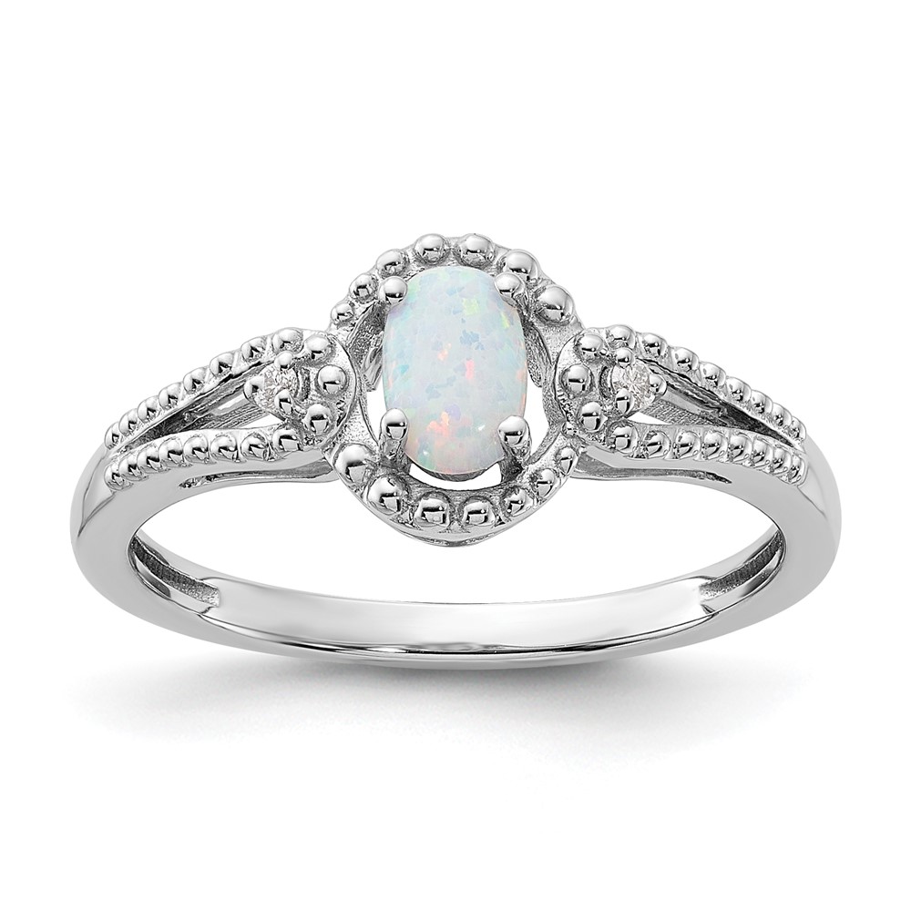Sterling Silver Rhodium-plated Created Opal & Diam. Ring (QBR16OCT-10)