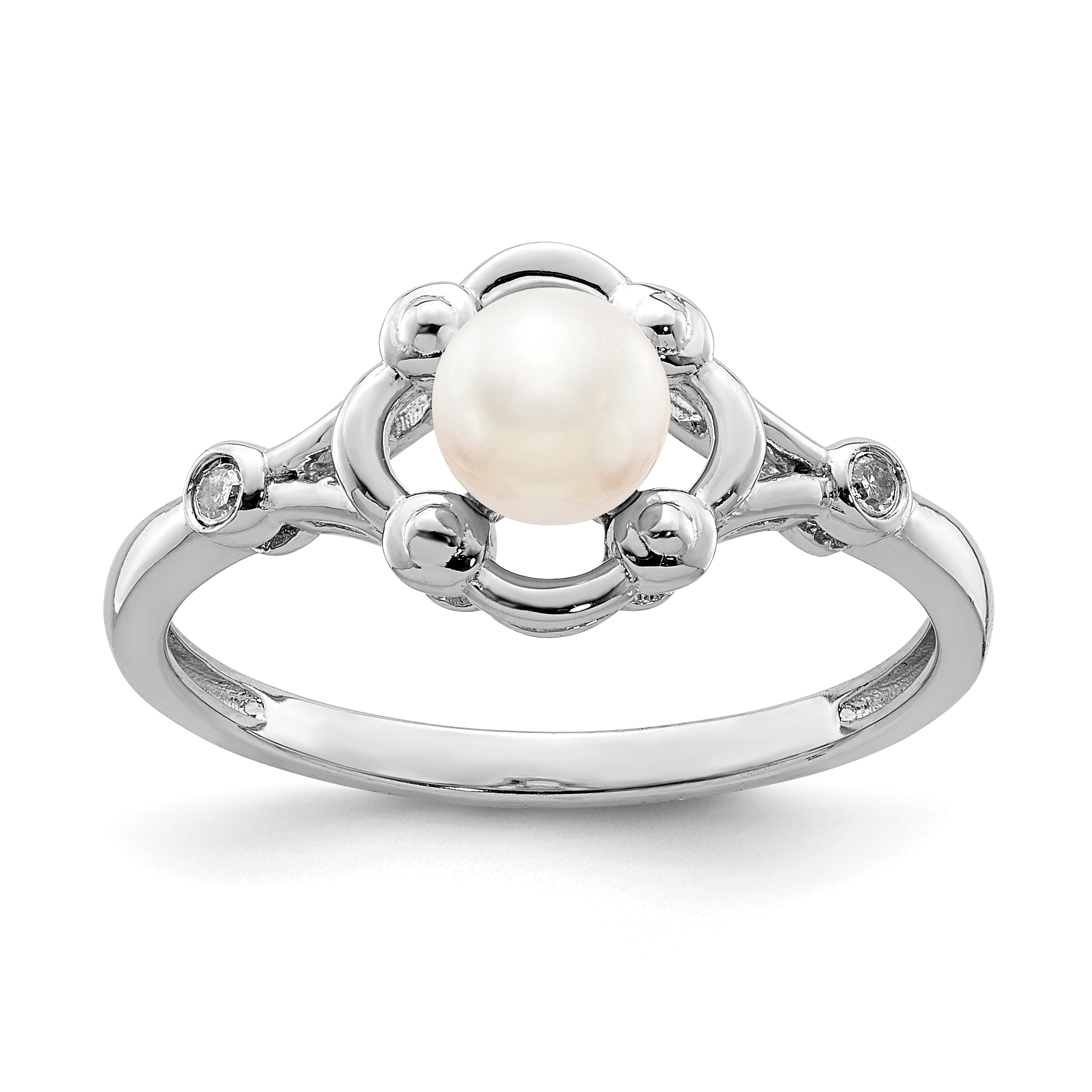 Sterling Silver Rhodium-plated FW Cultured Pearl & Diam. Ring (QBR21JUN-5)