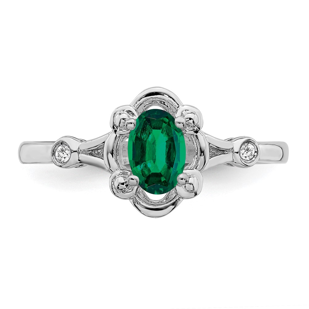 Sterling Silver Rhodium-plated Created Emerald & Diam. Ring (QBR21MAY-6)