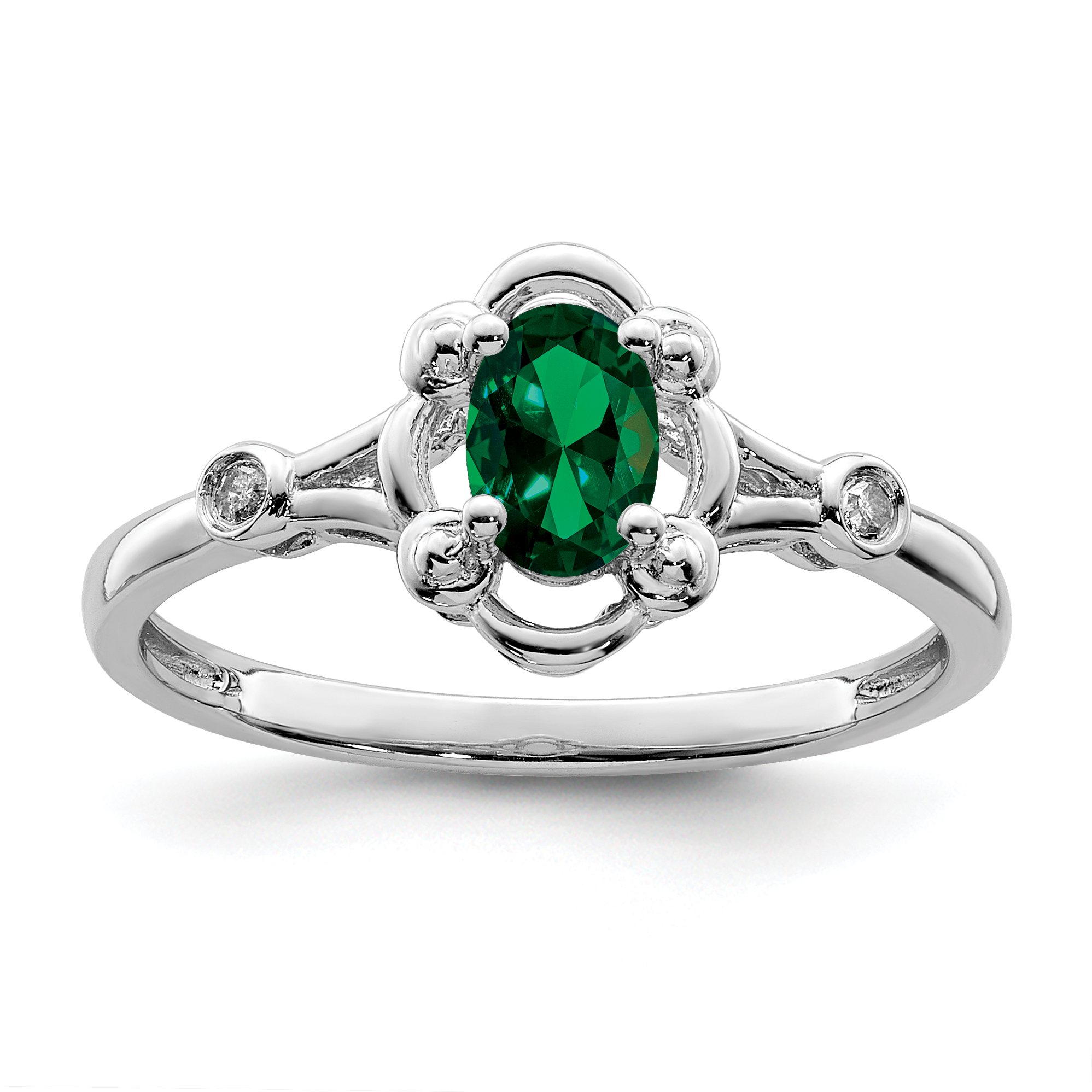 Sterling Silver Rhodium-plated Created Emerald & Diam. Ring (QBR21MAY-6)