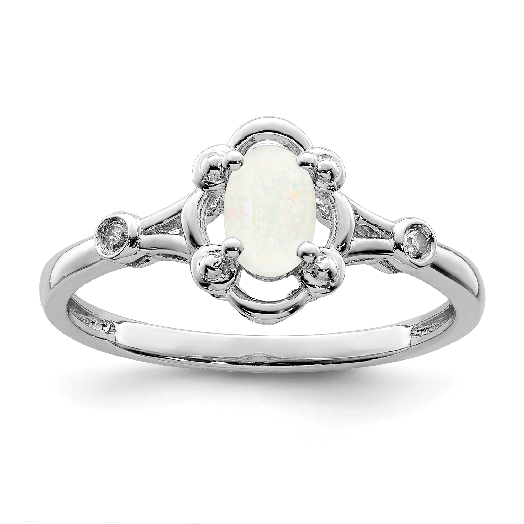 Sterling Silver Rhodium-plated Created Opal & Diam. Ring (QBR21OCT-10)