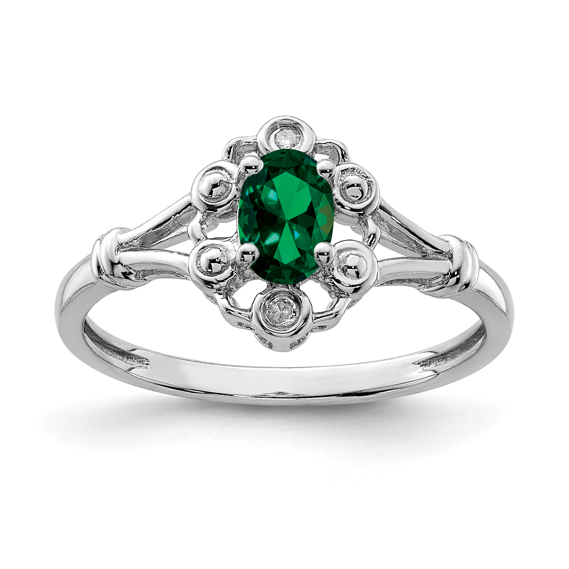 Sterling Silver Rhodium-plated Created Emerald & Diam. Ring (QBR22MAY-5)